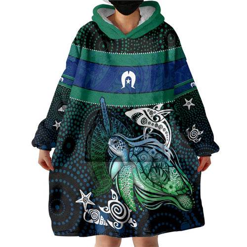 Torres Strait Islands Sea Turtle and Dhari Wearable Blanket Hoodie Oceanic Indigenous Dotwork Tribal Illustration