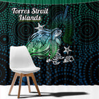 Torres Strait Islands Sea Turtle and Dhari Window Curtain Oceanic Indigenous Dotwork Tribal Illustration