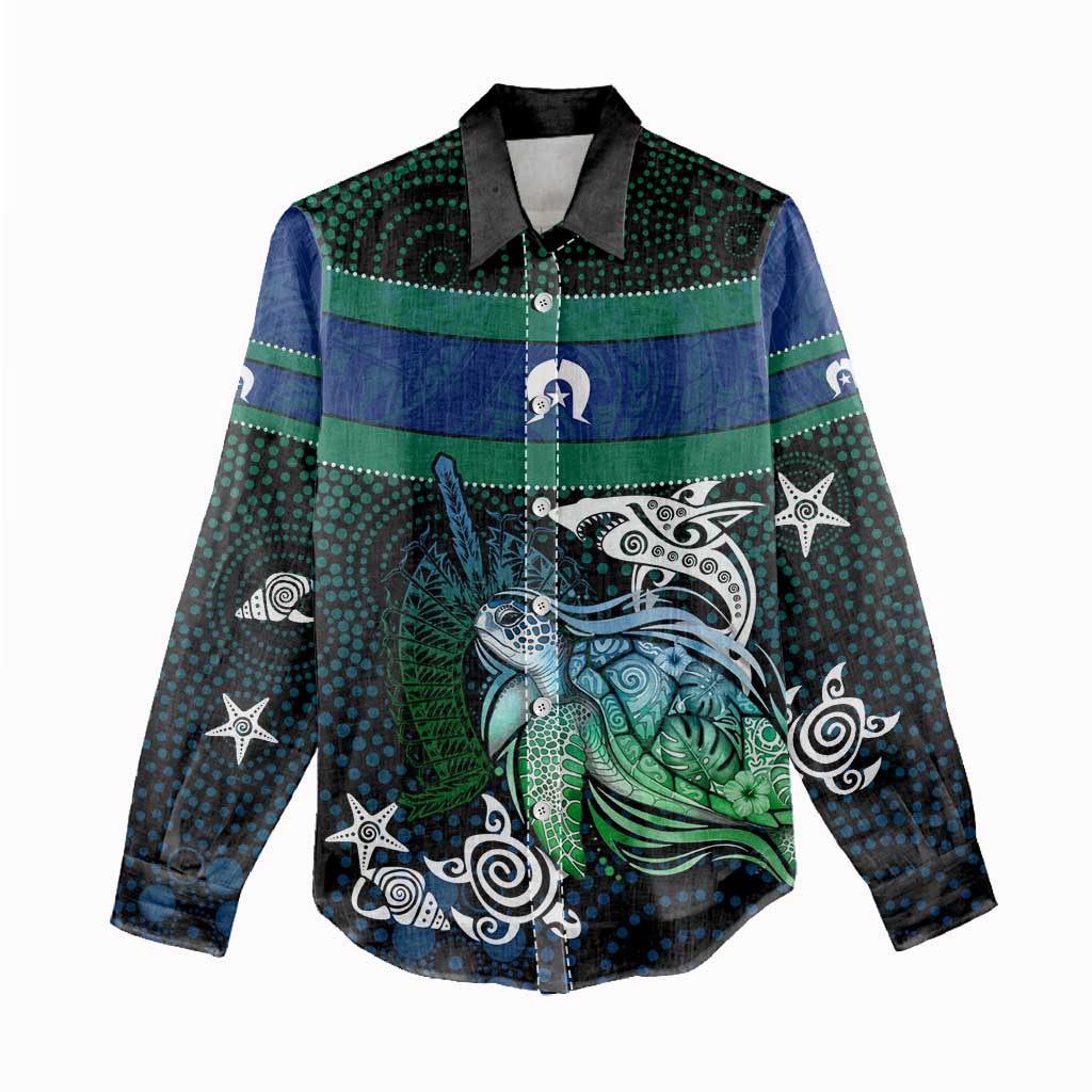 Torres Strait Islands Sea Turtle and Dhari Women Casual Shirt Oceanic Indigenous Dotwork Tribal Illustration