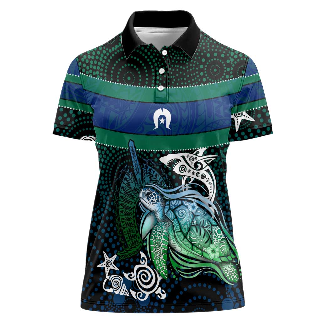 Torres Strait Islands Sea Turtle and Dhari Women Polo Shirt Oceanic Indigenous Dotwork Tribal Illustration