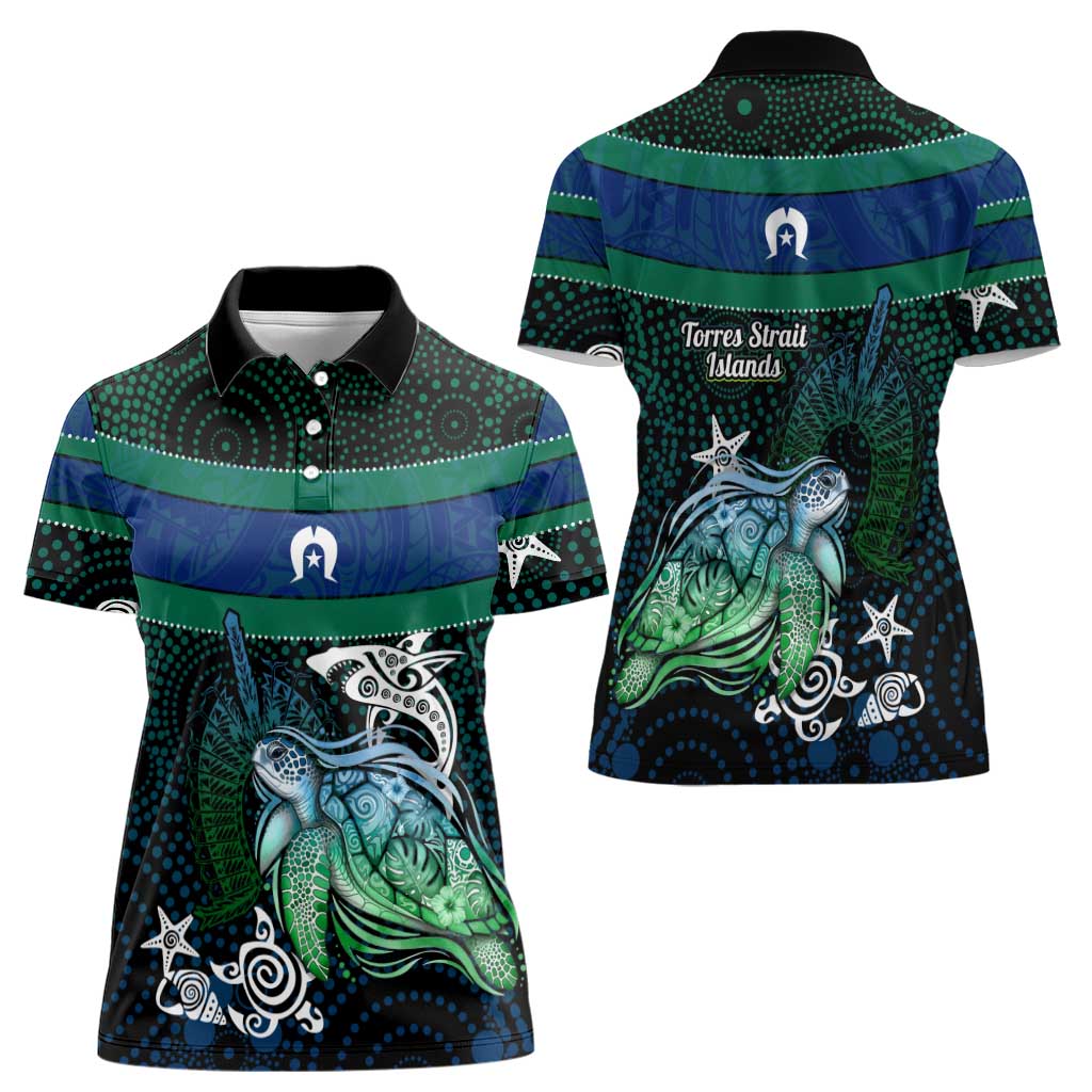 Torres Strait Islands Sea Turtle and Dhari Women Polo Shirt Oceanic Indigenous Dotwork Tribal Illustration