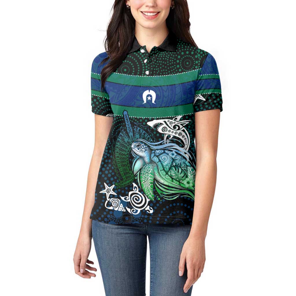 Torres Strait Islands Sea Turtle and Dhari Women Polo Shirt Oceanic Indigenous Dotwork Tribal Illustration