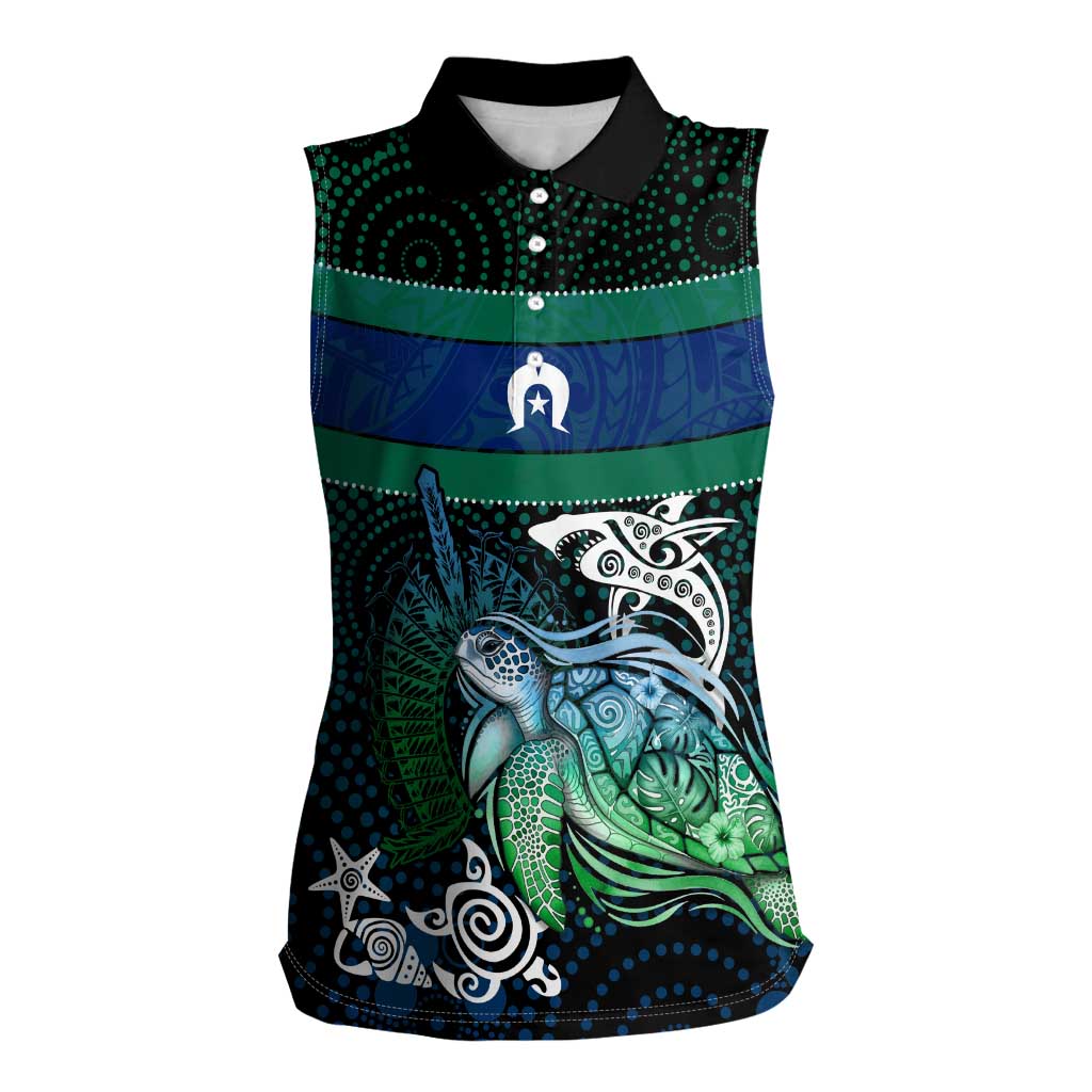 Torres Strait Islands Sea Turtle and Dhari Women Sleeveless Polo Shirt Oceanic Indigenous Dotwork Tribal Illustration