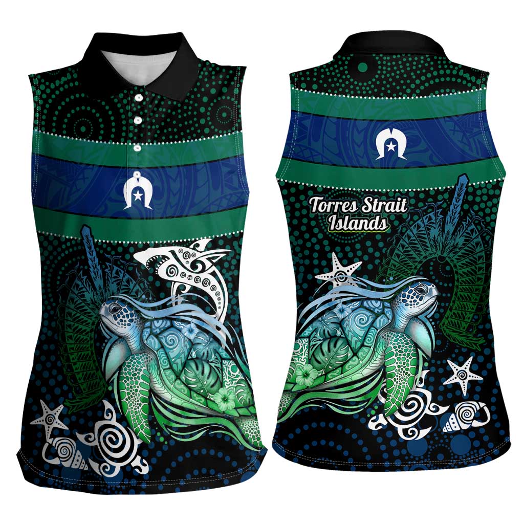Torres Strait Islands Sea Turtle and Dhari Women Sleeveless Polo Shirt Oceanic Indigenous Dotwork Tribal Illustration