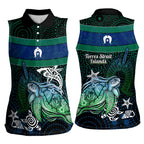 Torres Strait Islands Sea Turtle and Dhari Women Sleeveless Polo Shirt Oceanic Indigenous Dotwork Tribal Illustration
