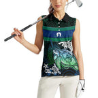 Torres Strait Islands Sea Turtle and Dhari Women Sleeveless Polo Shirt Oceanic Indigenous Dotwork Tribal Illustration