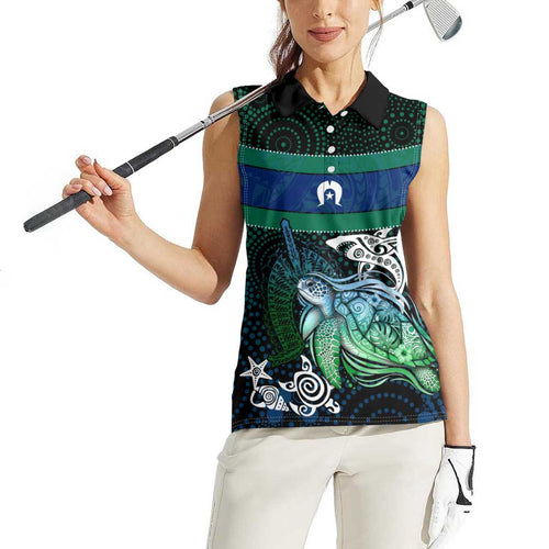 Torres Strait Islands Sea Turtle and Dhari Women Sleeveless Polo Shirt Oceanic Indigenous Dotwork Tribal Illustration