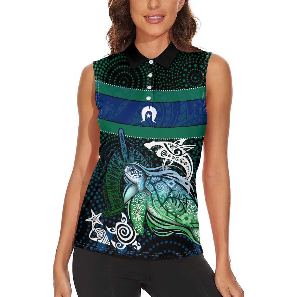 Torres Strait Islands Sea Turtle and Dhari Women Sleeveless Polo Shirt Oceanic Indigenous Dotwork Tribal Illustration