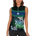 Torres Strait Islands Sea Turtle and Dhari Women Sleeveless Polo Shirt Oceanic Indigenous Dotwork Tribal Illustration