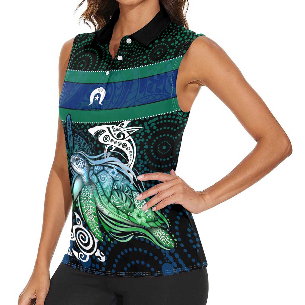 Torres Strait Islands Sea Turtle and Dhari Women Sleeveless Polo Shirt Oceanic Indigenous Dotwork Tribal Illustration