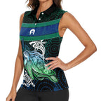 Torres Strait Islands Sea Turtle and Dhari Women Sleeveless Polo Shirt Oceanic Indigenous Dotwork Tribal Illustration