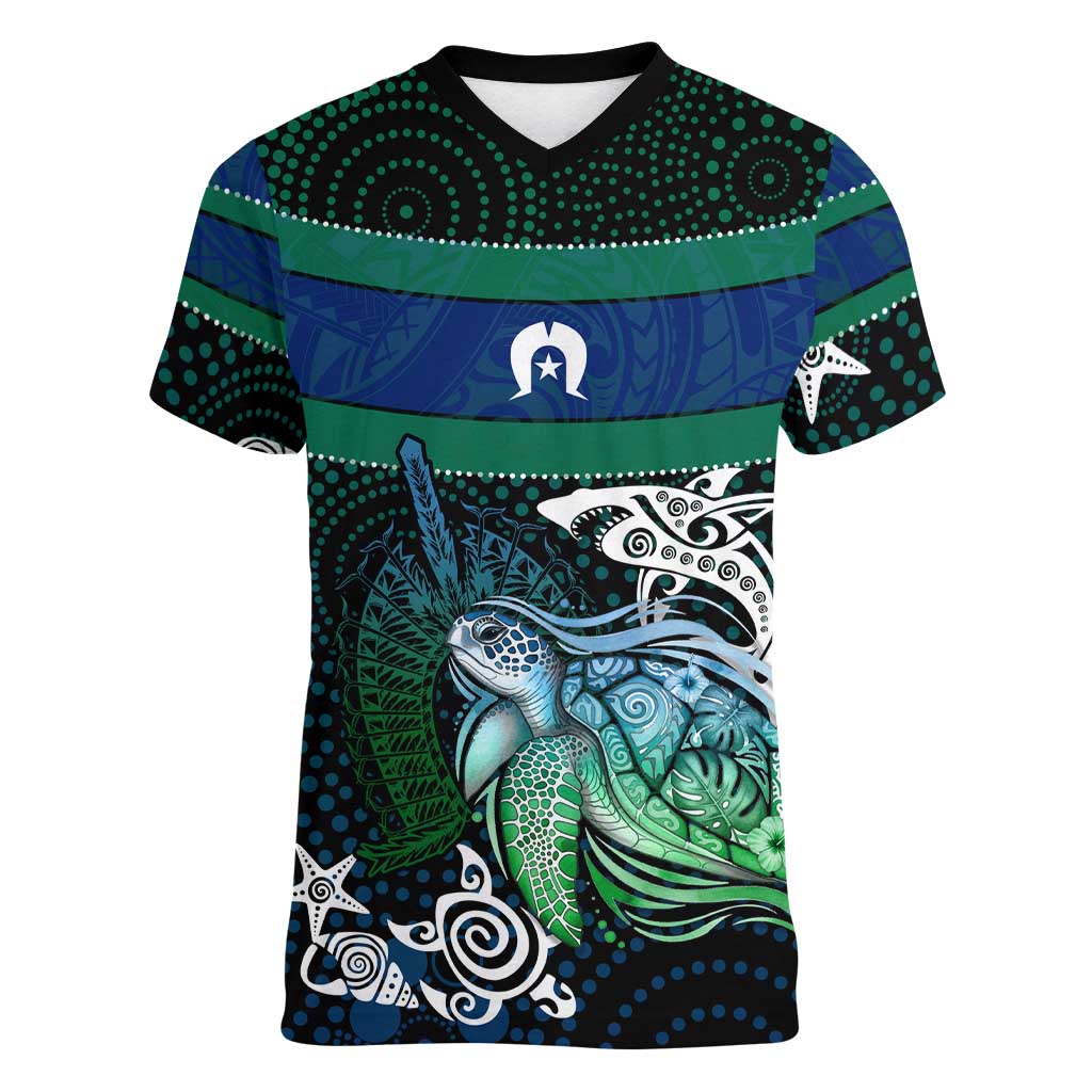 Torres Strait Islands Sea Turtle and Dhari Women V-Neck T-Shirt Oceanic Indigenous Dotwork Tribal Illustration