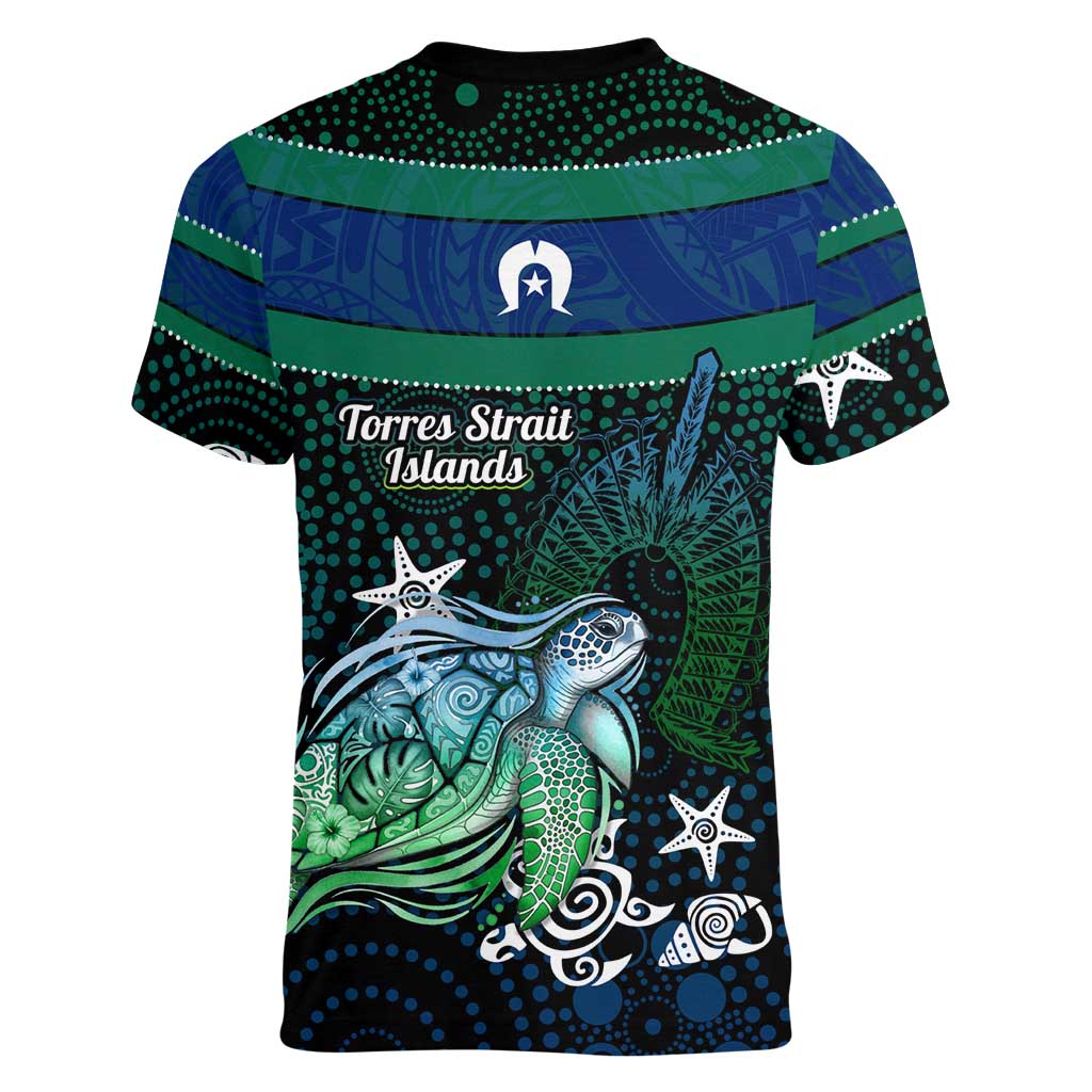 Torres Strait Islands Sea Turtle and Dhari Women V-Neck T-Shirt Oceanic Indigenous Dotwork Tribal Illustration