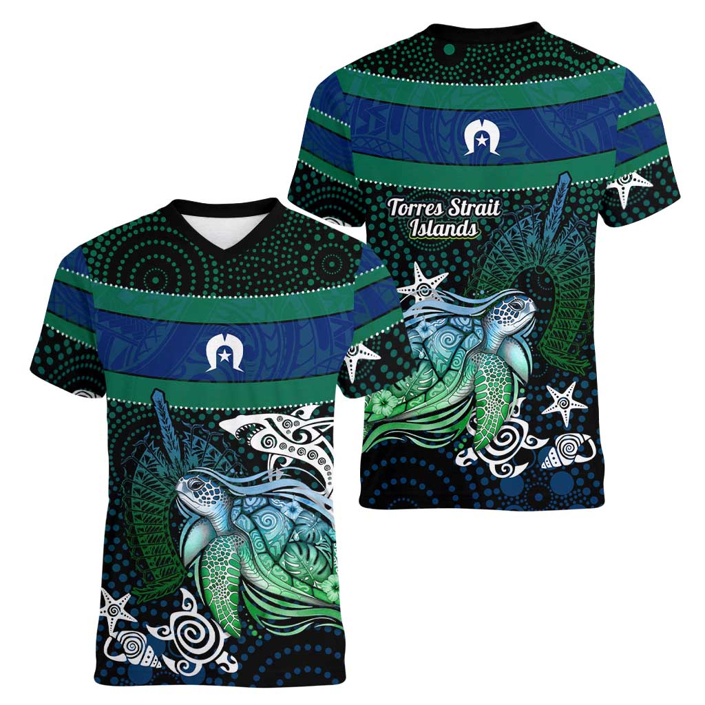 Torres Strait Islands Sea Turtle and Dhari Women V-Neck T-Shirt Oceanic Indigenous Dotwork Tribal Illustration