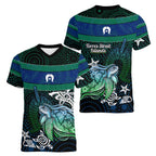 Torres Strait Islands Sea Turtle and Dhari Women V-Neck T-Shirt Oceanic Indigenous Dotwork Tribal Illustration