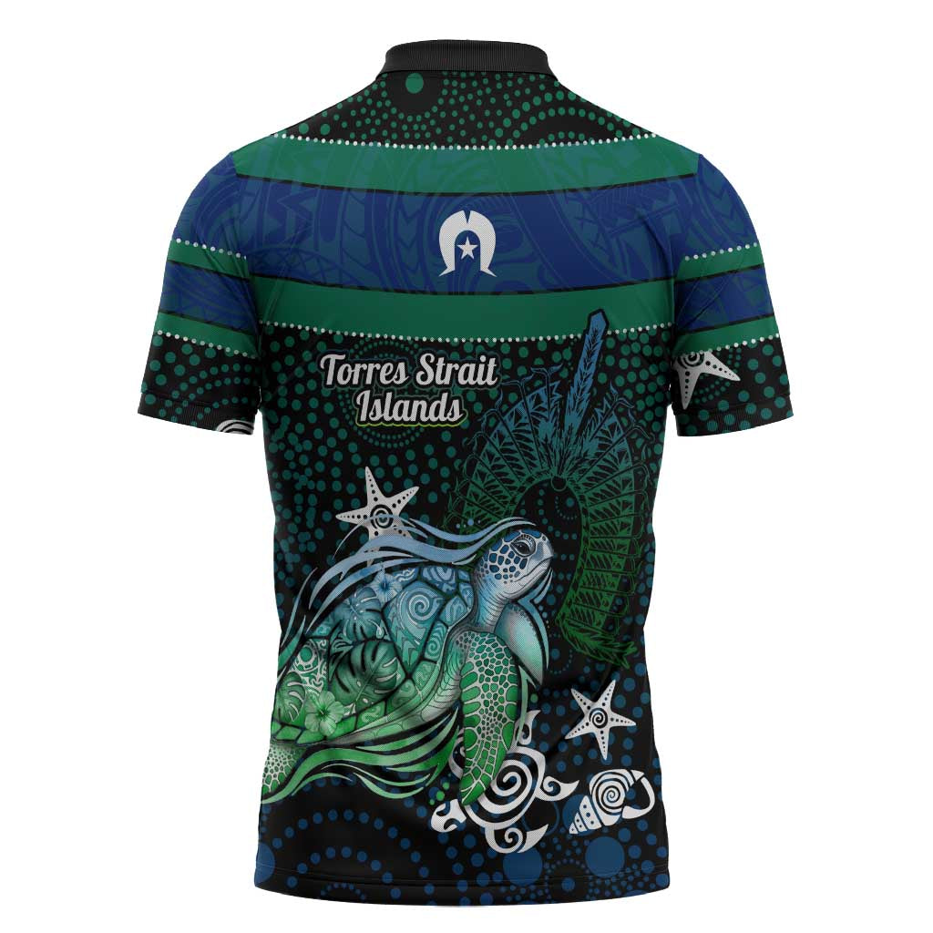 Torres Strait Islands Sea Turtle and Dhari Zipper Polo Shirt Oceanic Indigenous Dotwork Tribal Illustration