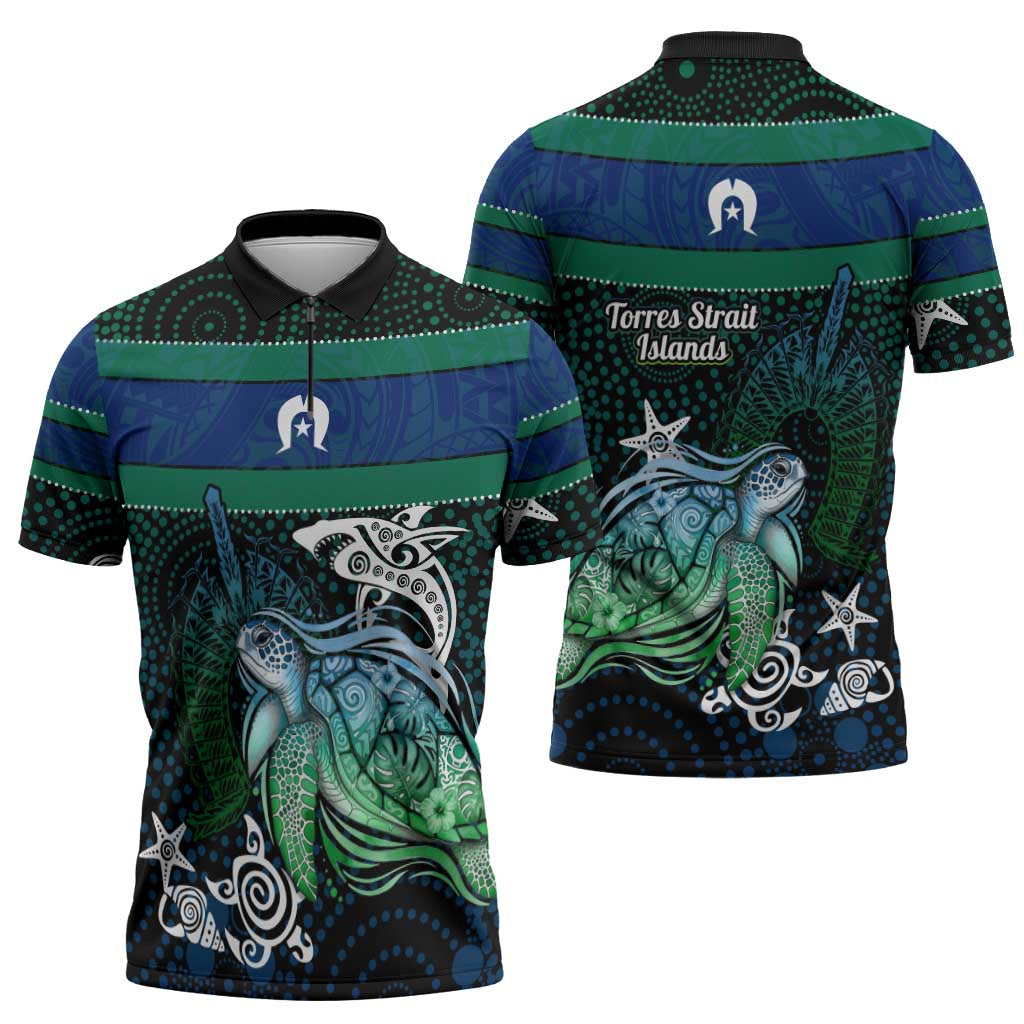 Torres Strait Islands Sea Turtle and Dhari Zipper Polo Shirt Oceanic Indigenous Dotwork Tribal Illustration