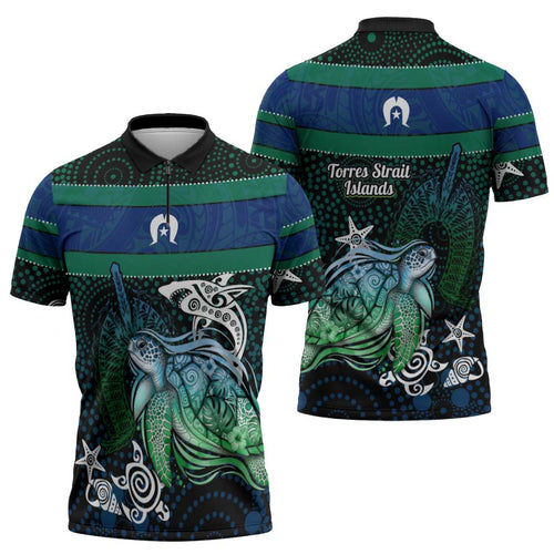 Torres Strait Islands Sea Turtle and Dhari Zipper Polo Shirt Oceanic Indigenous Dotwork Tribal Illustration