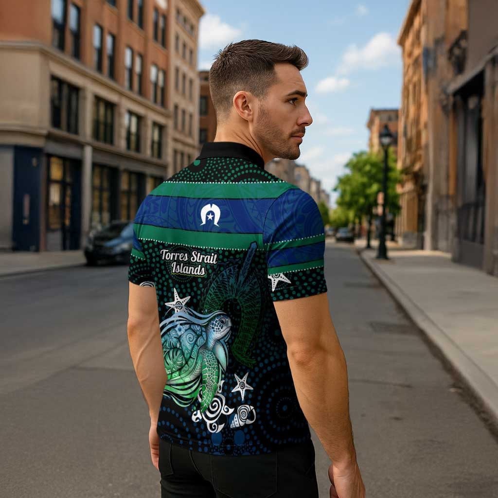 Torres Strait Islands Sea Turtle and Dhari Zipper Polo Shirt Oceanic Indigenous Dotwork Tribal Illustration