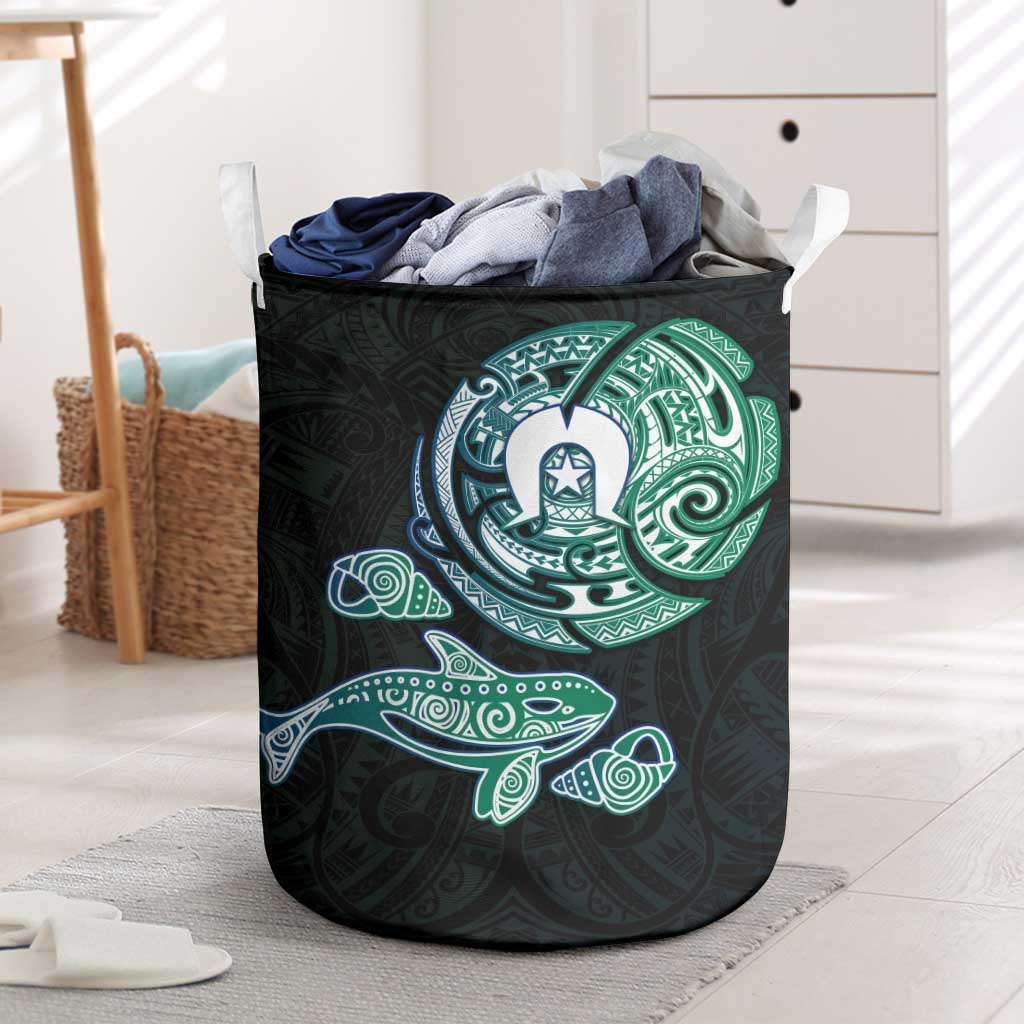 Whale and Dhari Torres Strait Islands Laundry Basket Deep Green Oceanic Tribal Pattern Art