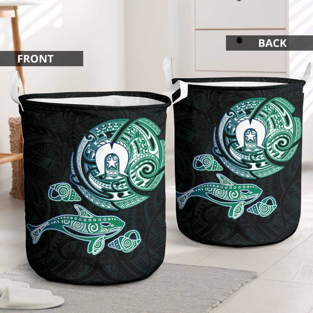 Whale and Dhari Torres Strait Islands Laundry Basket Deep Green Oceanic Tribal Pattern Art
