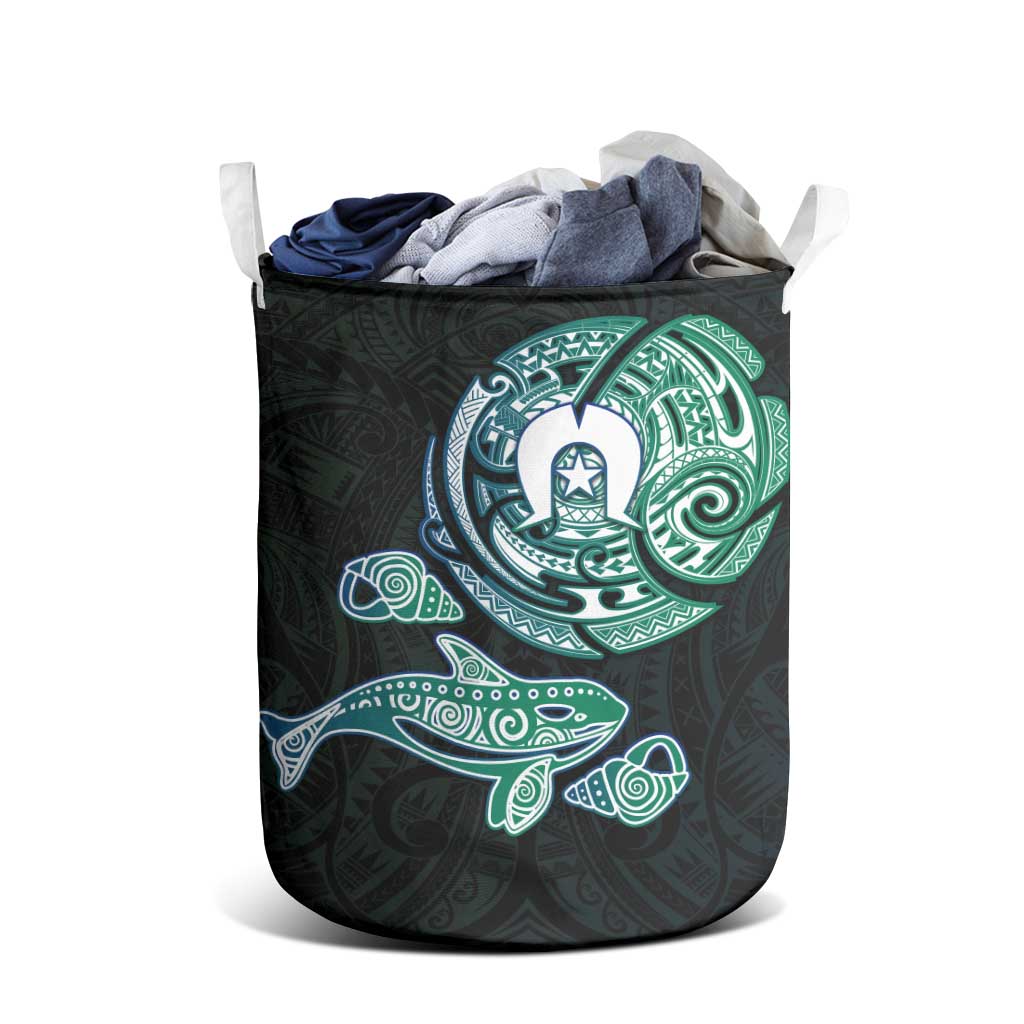 Whale and Dhari Torres Strait Islands Laundry Basket Deep Green Oceanic Tribal Pattern Art