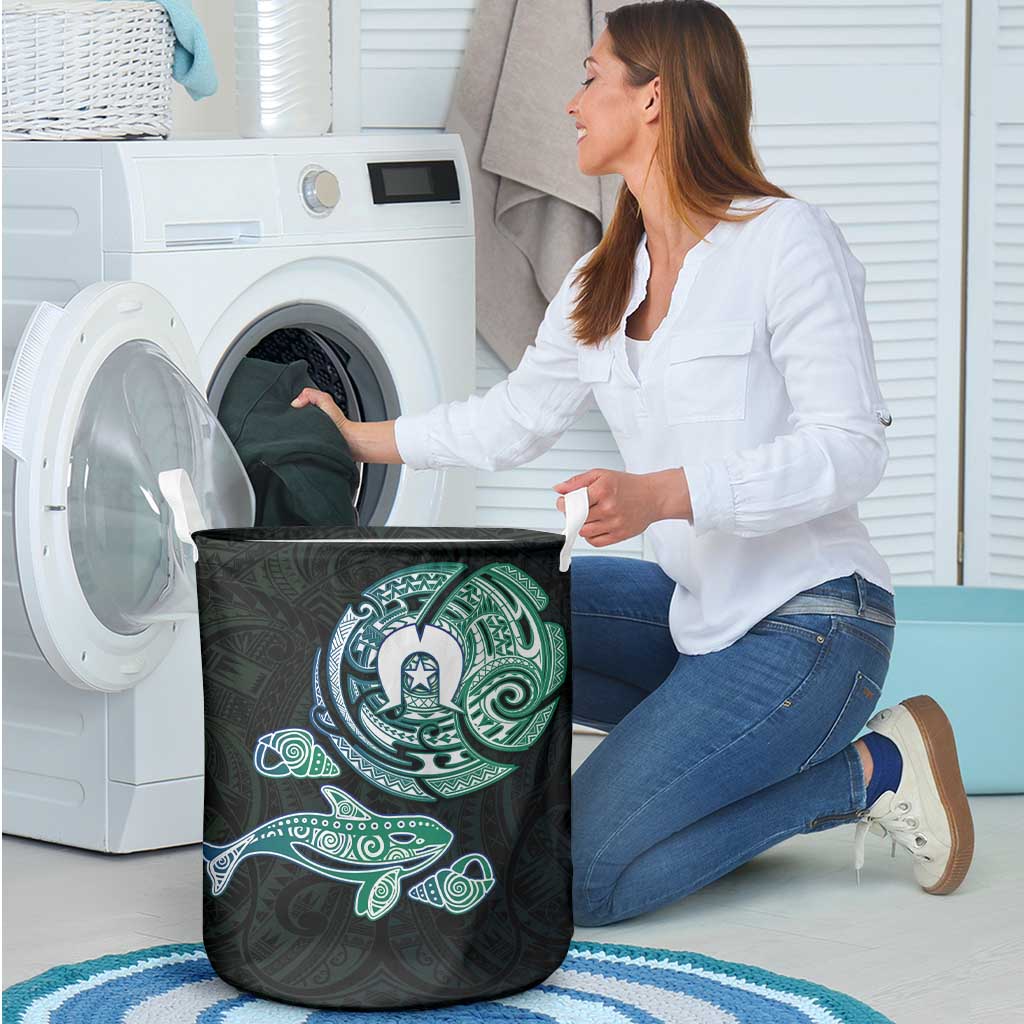 Whale and Dhari Torres Strait Islands Laundry Basket Deep Green Oceanic Tribal Pattern Art