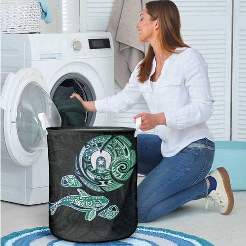 Whale and Dhari Torres Strait Islands Laundry Basket Deep Green Oceanic Tribal Pattern Art