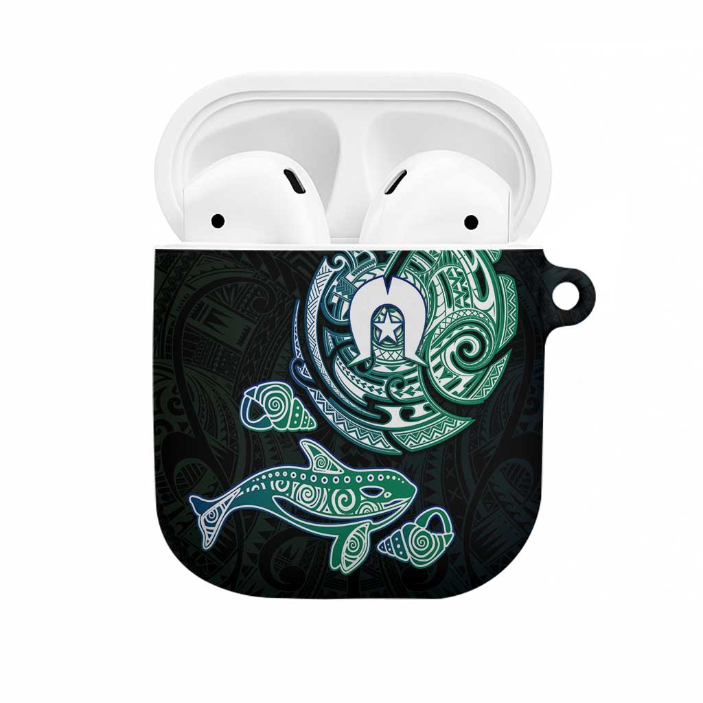 Whale and Dhari Torres Strait Islands AirPods Case Deep Green Oceanic Tribal Pattern Art