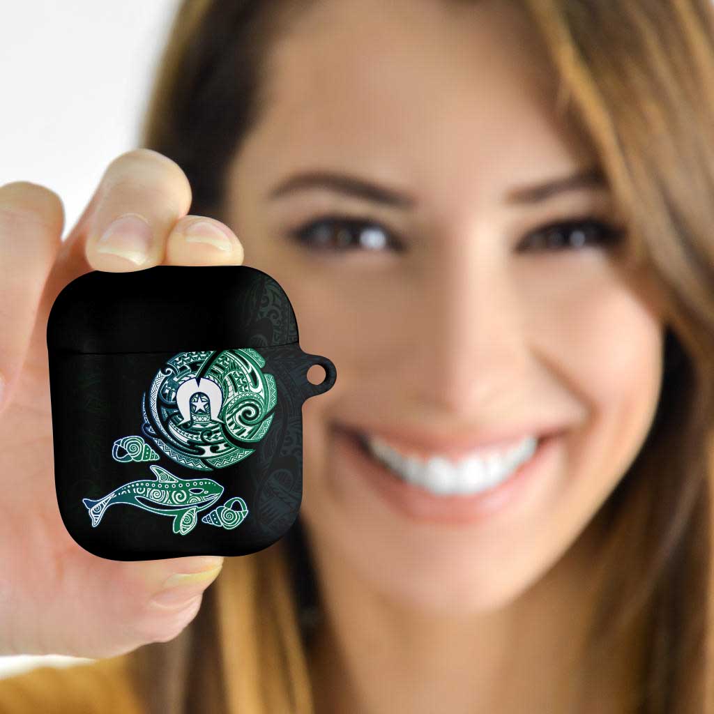 Whale and Dhari Torres Strait Islands AirPods Case Deep Green Oceanic Tribal Pattern Art