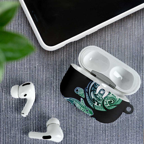 Whale and Dhari Torres Strait Islands AirPods Case Deep Green Oceanic Tribal Pattern Art