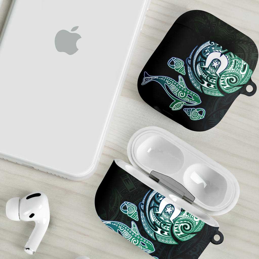 Whale and Dhari Torres Strait Islands AirPods Case Deep Green Oceanic Tribal Pattern Art