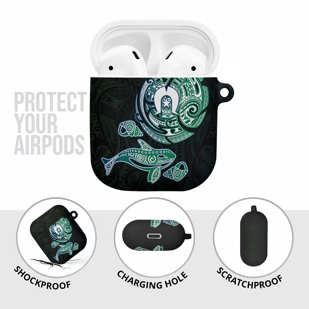 Whale and Dhari Torres Strait Islands AirPods Case Deep Green Oceanic Tribal Pattern Art