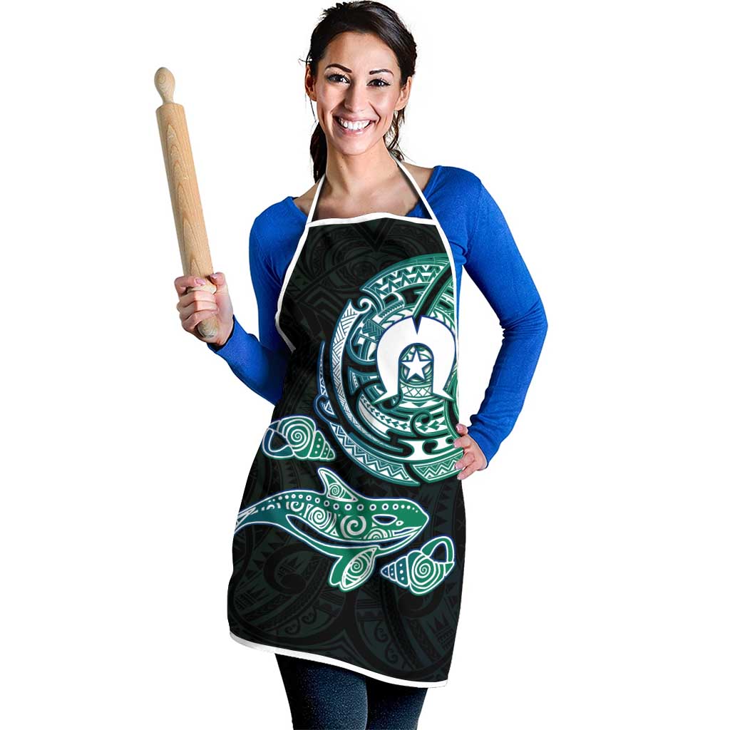 Whale and Dhari Torres Strait Islands Apron Deep Green Oceanic Tribal Pattern Art