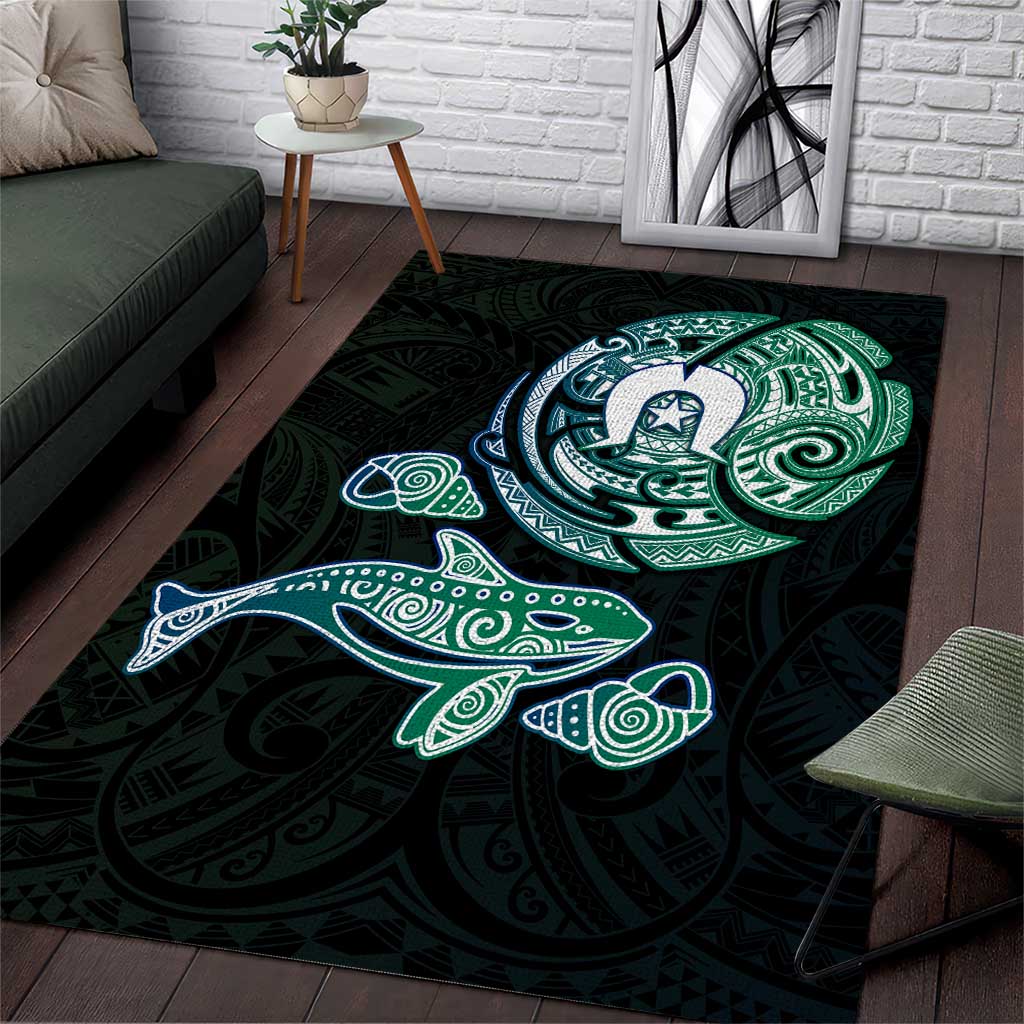 Whale and Dhari Torres Strait Islands Area Rug Deep Green Oceanic Tribal Pattern Art