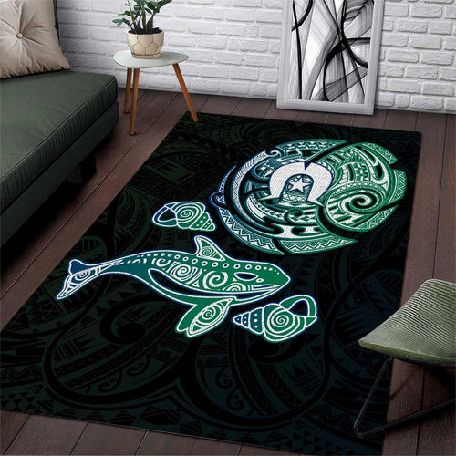 Whale and Dhari Torres Strait Islands Area Rug Deep Green Oceanic Tribal Pattern Art