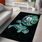 Whale and Dhari Torres Strait Islands Area Rug Deep Green Oceanic Tribal Pattern Art