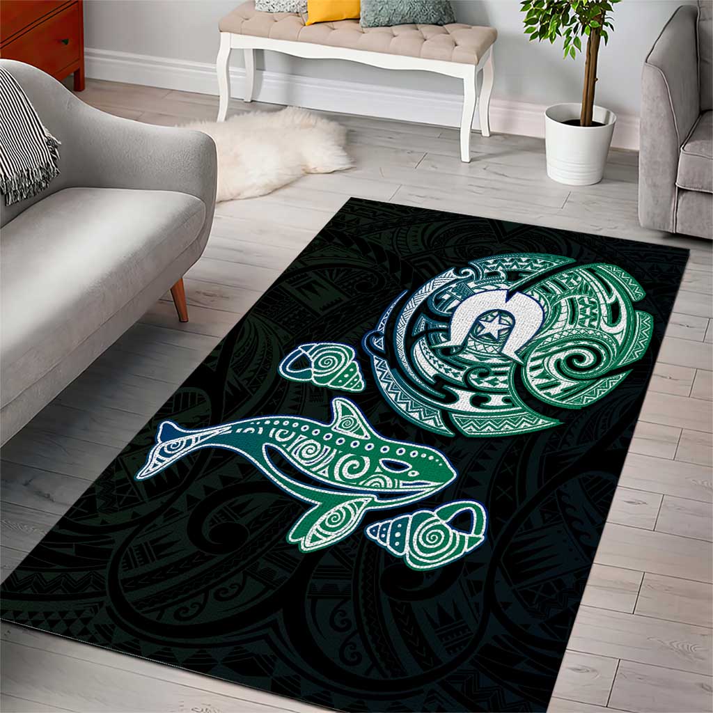 Whale and Dhari Torres Strait Islands Area Rug Deep Green Oceanic Tribal Pattern Art