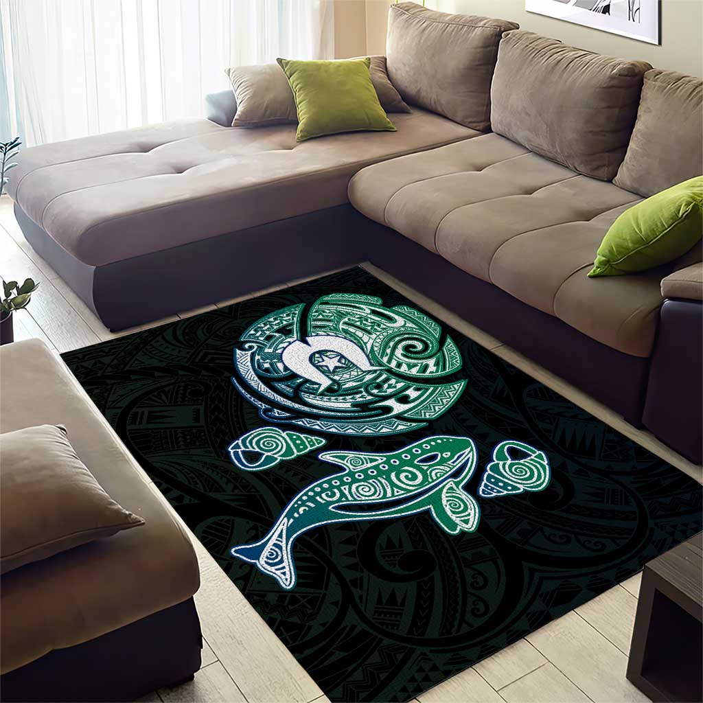 Whale and Dhari Torres Strait Islands Area Rug Deep Green Oceanic Tribal Pattern Art