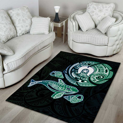 Whale and Dhari Torres Strait Islands Area Rug Deep Green Oceanic Tribal Pattern Art