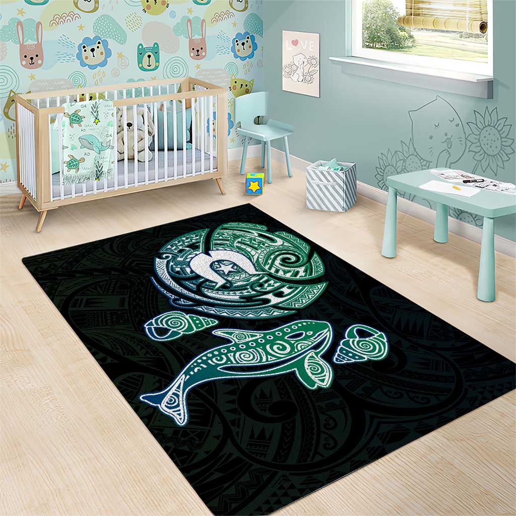 Whale and Dhari Torres Strait Islands Area Rug Deep Green Oceanic Tribal Pattern Art