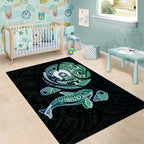Whale and Dhari Torres Strait Islands Area Rug Deep Green Oceanic Tribal Pattern Art