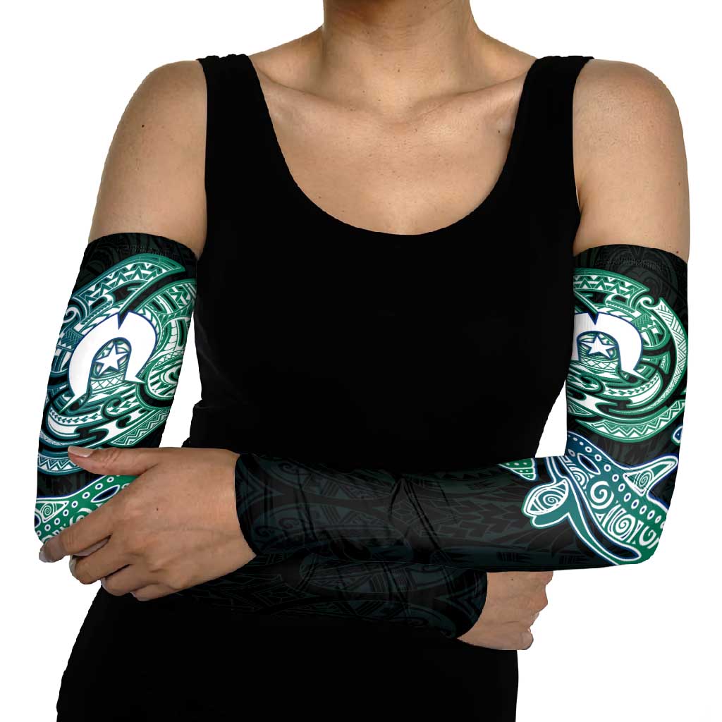 Whale and Dhari Torres Strait Islands Arm Sleeves Deep Green Oceanic Tribal Pattern Art