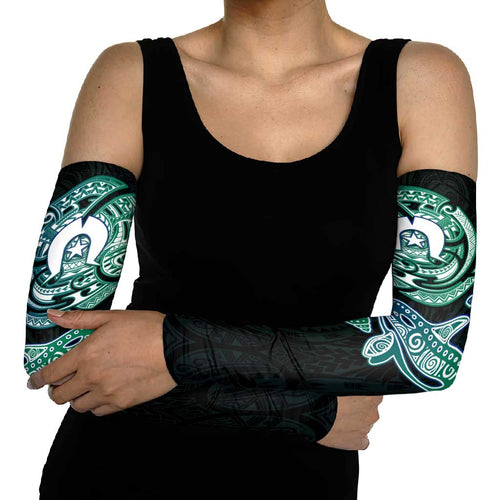 Whale and Dhari Torres Strait Islands Arm Sleeves Deep Green Oceanic Tribal Pattern Art