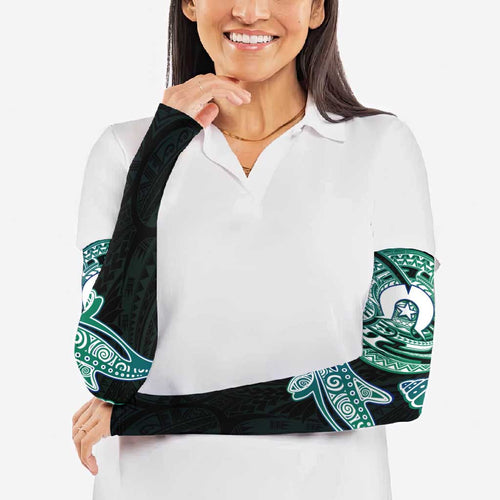 Whale and Dhari Torres Strait Islands Arm Sleeves Deep Green Oceanic Tribal Pattern Art