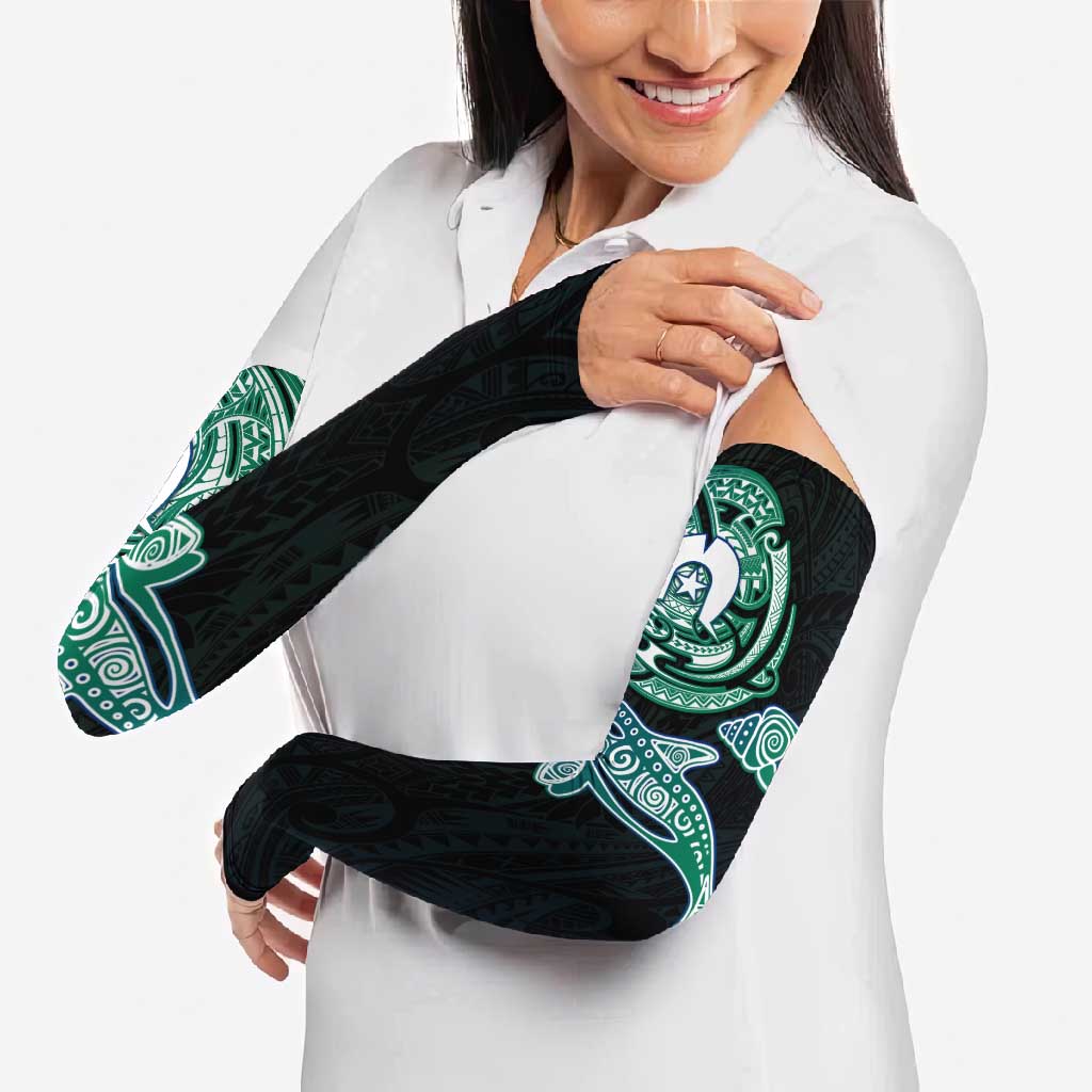 Whale and Dhari Torres Strait Islands Arm Sleeves Deep Green Oceanic Tribal Pattern Art