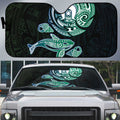 Whale and Dhari Torres Strait Islands Auto Sun Shade Deep Green Oceanic Tribal Pattern Art