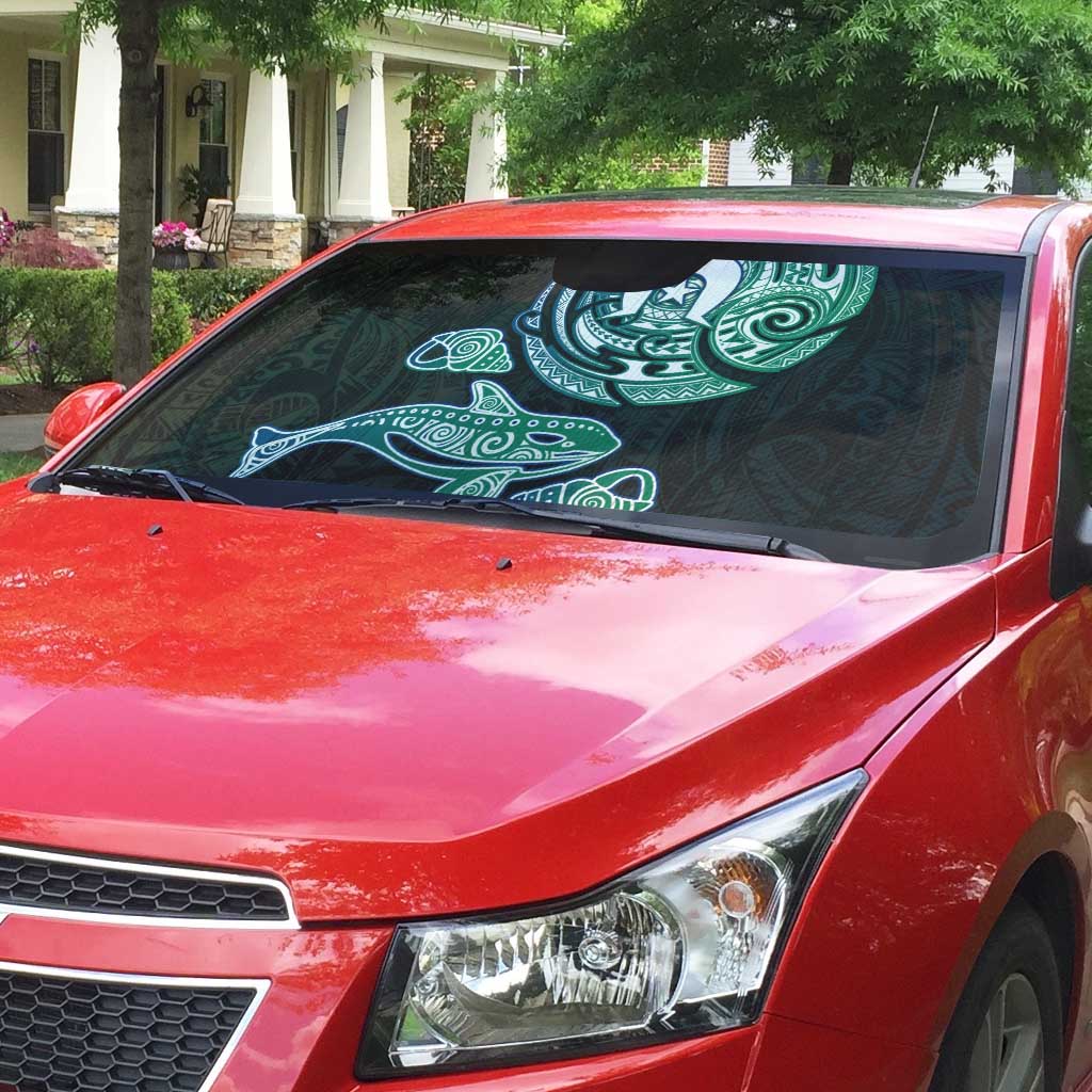 Whale and Dhari Torres Strait Islands Auto Sun Shade Deep Green Oceanic Tribal Pattern Art
