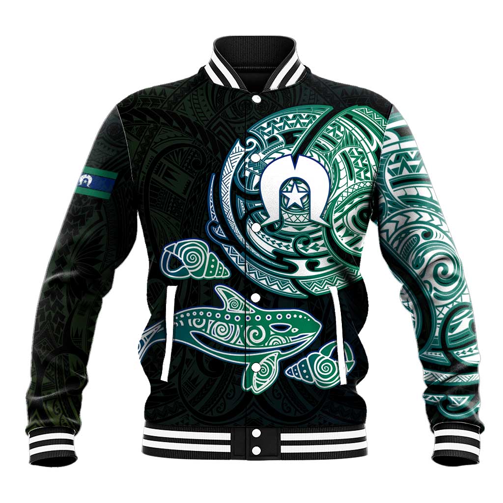 Whale and Dhari Torres Strait Islands Baseball Jacket Deep Green Oceanic Tribal Pattern Art
