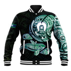 Whale and Dhari Torres Strait Islands Baseball Jacket Deep Green Oceanic Tribal Pattern Art